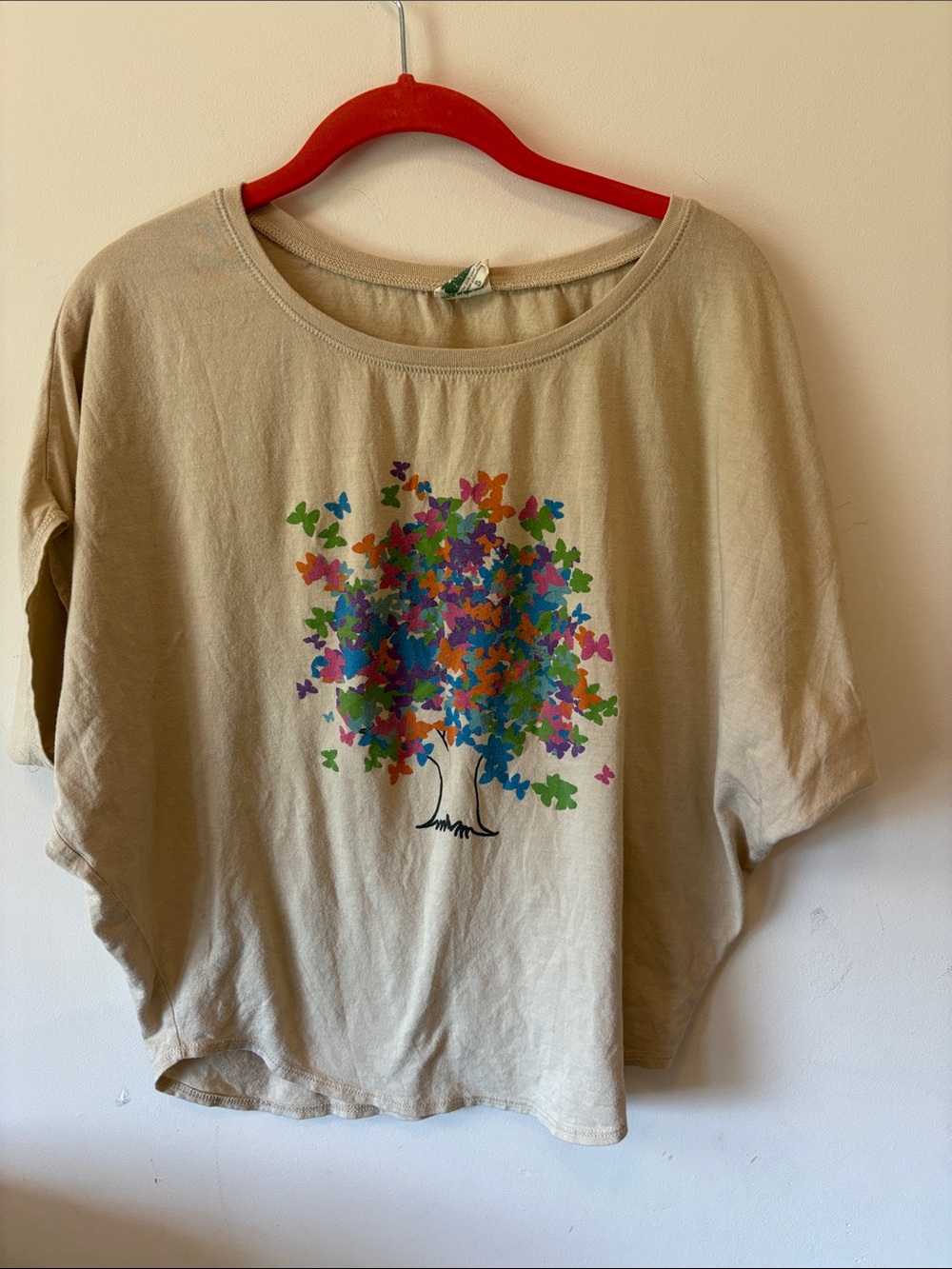 Beige Short-Sleeve Tee with Colorful Butterfly Tree Graphic